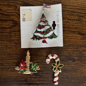 Festive Christmas Brooch Set - Tree, Candle, and Candy Cane